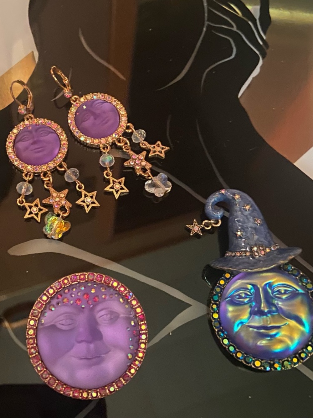 Kirks Folly Purple Moon Face Earrings and Pins Set - Women Jewelry